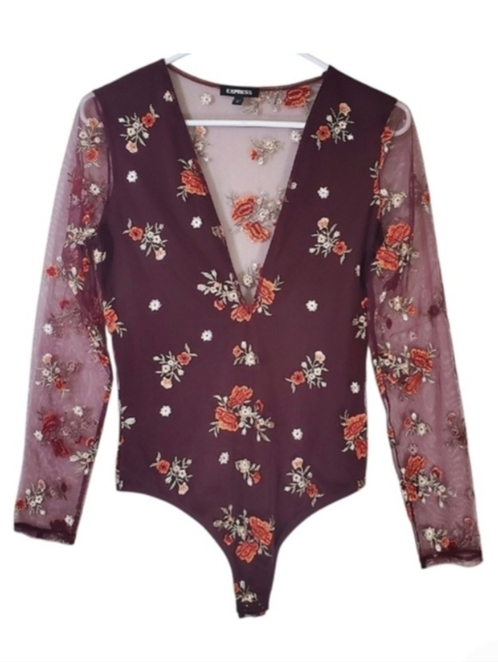 2141 * Express Floral Embroidered Sheer Bodysuit Maroon Burgundy Size S